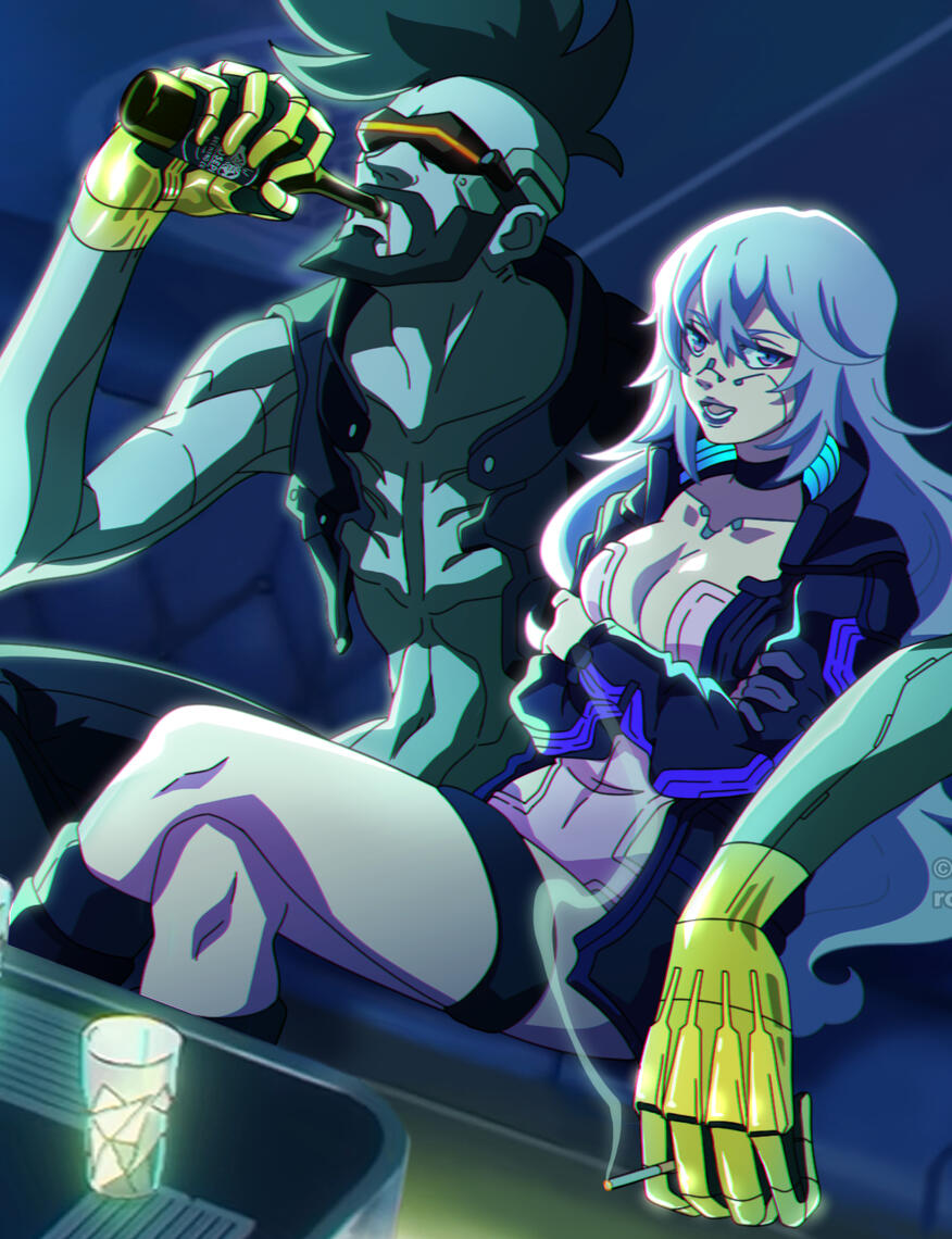 Pilar from Cyberpunk Edgerunners, with my OC Cel, done for a Cyberpunk open collab on Instagram