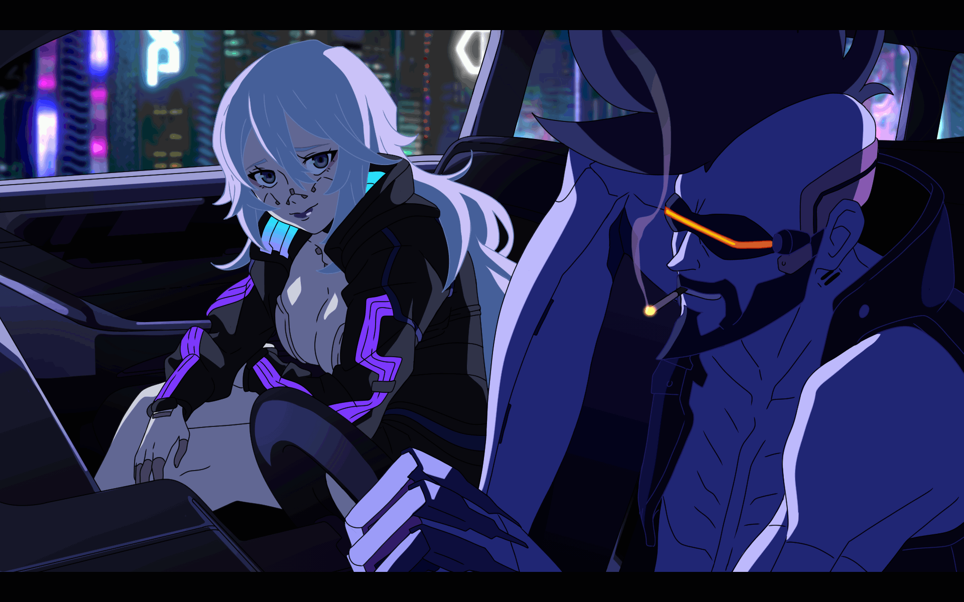 Animation of Cel (my original character) and Pilar form Cyberpunk Edgerunners ridding in a car